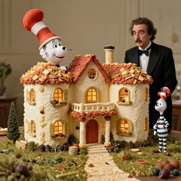 a mansion made out of food, film still from the movie directed by denis villeneuve and david cronenberg with art direction by salvador dali and dr. seuss