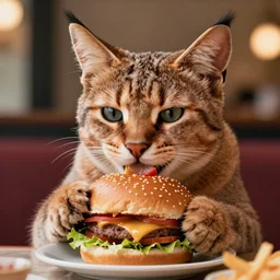 cute fluffy caracal eating hamburger, in the style of craola, shallow depth of field, highly detailed, digital painting, trending artstation, concept art, illustration, cinematic lighting, vibrant colors, photorealism, epic, octane render