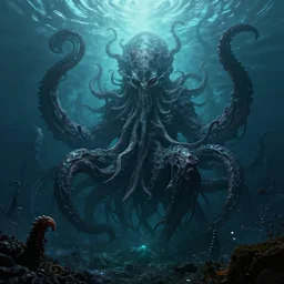 old god eldritch horror terrifying the deep abyss of the ocean floor, epic scene, underwater photography, hyper - detailed, gigantic cthulhu, swarm of tentacles, dark art, digital art, epic composition