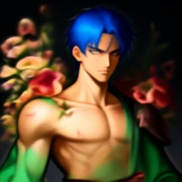 portrait of beautiful young man, warhammer, japanic style, cyberpunk, a lot of scars, more and more flowers, blue head, green side, the middle ages, highly detailed, artstation, illustration, art by jean delville, 8 k quality