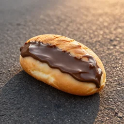 A cream bun laying on the asphalt, it is completely covered in nutella. food photography, 8k resolution, incredible detail, sunset lighting.