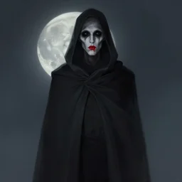 a shadow that appeared to be a too - tall man wrapped in his cloak but the face caught the moon gaunt - cheeked pale with black eyes too big above a puckered red - lipped mouth, concept art, artstation, digital painting, very detailed, 8 k