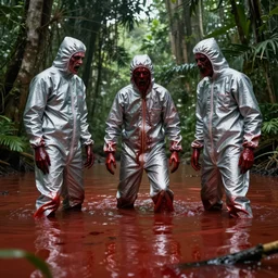 scientists in a silver suit in the jungle, the ground is flooded with red blood, award winning photograph, horror, creepy, highly detailed