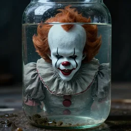 Pennywise trapped inside a glass jar full of sewer water photorealistic