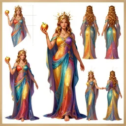 turnaround!!! character design turnaround sheet, color concept art, front side back multiview, eris greek goddess of chaos in colorful robes holding gold apple trending on artstation, by huang guangjian and gil elvgren and sachin teng, carl spitzweg, ismail inceoglu, vdragan bibin, hans thoma, greg rutkowski, alexandros pyromallis