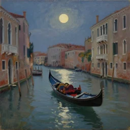 lonely gondola cruising through venetian canals at night, 8 k, impasto paint, oil on canvas, muted colours, full moon shining,