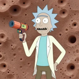 rick sanchez from rick & morty posing with his portal gun, octane render realism, detail, 4 k pores, realistic