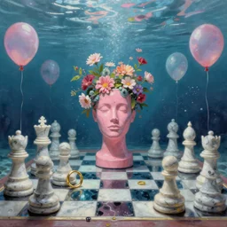 underwater, David Friedrich, giant marble chess pieces, gold rings, liminal spaces, party balloons, checkered pattern, mirrors, David Friedrich, award winning masterpiece with incredible details, Zhang Kechun, a surreal vaporwave vaporwave vaporwave vaporwave vaporwave painting by Thomas Cole of an old pink mannequin head with flowers growing out, sinking underwater, highly detailed
