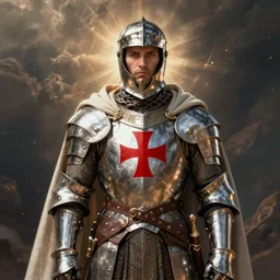 man in crusader armor and cape with big red cross on it digital art realistic high detail