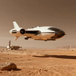 A futuristic flying vehicle hovering the surface of Mars, mars colony on the background, wide angle, low angle shot, mood lighting, Behance, digital art in the style of Oblivion movie, by Beeple, trending on Artstation