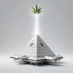 cannabis realistic illuminati space mothership in the shape of pyramid with cannabis divine beam on white background, art by james o barr and albrecht durer, woodblock print, engraved, vivid colours, vector, vector art