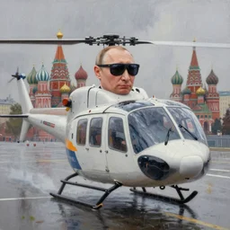 hyper realistic oil painting of putin on a helicopter the background is the city of moscow and it's raining putin is wearing a sunglass 3 d