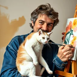 a photo of a man with a mustache and shaggy hair holding a white cat painting a watercolor!!! painting of himself painting the painting of himself!!!!, 8 k 8 5 mm f 5. 6