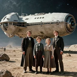 highly detailed, 513435456k film, 33600mm film still from a sci fi blockbuster color movie made in 2019, set in 1860, of a family standing in front of a spaceship that has just landed on an alien planet, the family are all wearing 1860s era clothes, good lighting, good photography, ultra high definition