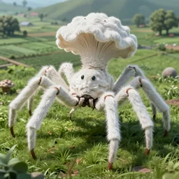 “ ominous sci - fi spider crab white fuzzy fungus monster kaiju with spider - like legs, towering above a green rural country landscape by gerald brom ”