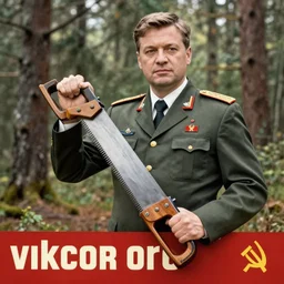 soviet propaganda poster of viktor orban holding a saw, forest in the background