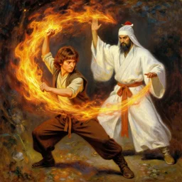 frodo baggins firebending as fire lord ozai, russian impressionism oil painting, 4 k, beautiful painting, by konstantin korovin
