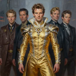 a man dressed in a gold and silver costume, art by john howe, gaston bussiere, jeff a menges and zack snyder, deviantart, fantasy art, reimagined by industrial light and magic, oil on canvas, hd
