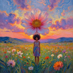 big flower afro, full body, girl standing in the middle of a field with flowers, surreal photography, hills, sunrise dramatic light, impressionist painting, colorful clouds, digital painting, pointillism, artstation, simon stalenhag