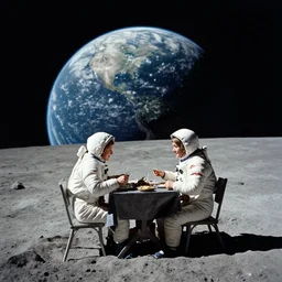 old photo of a couple enjoying dinner on the surface of the moon, dark sky, earth in the background