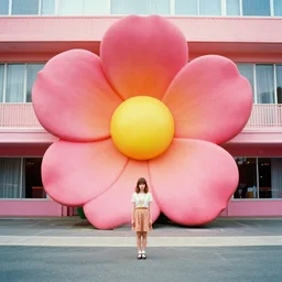 giant flower head, full body, girl standing in mid century hotel, surreal, symmetry, bright colors, cinematic, wes anderson