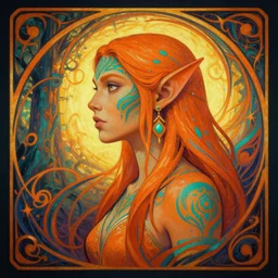 side profile centered painted portrait, female orange orc forest druid, teal face tattoos, d & d, gloomhaven, matte painting concept art, art nouveau, beautifully backlit, swirly vibrant color lines, fantastically gaudy, aesthetic octane render, 8 k hd resolution, by ilya kuvshinov and cushart krentz and gilleard james