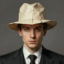 beautiful portrait of a man wearing a crumpled paper hat and formal suit, headshot, digital illustration, matte painting, hyperrealistic, photoreal, symmetry, highly detailed, sharp focus, 8 k, hd, intricate, by beksinski