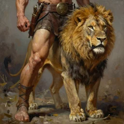 muscular lion as barbarian hunter full body ,human legs ,very textured detailed oil painting by Frank Frazetta