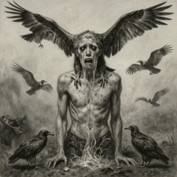 it's so hard to try when everything is dying i remember times when i could breathe vultures always prying at my skin, i'm crying it's so terrifying nightmarish artwork by zdislaw, nekro, borja, gerald brom, charcoal painting desaturated
