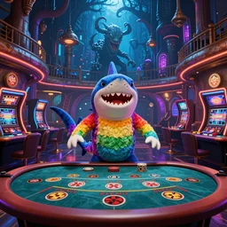 Blue toned rainbow colored tropical alien evil shark crocodile gamblers happy colorful full body, centered in frame wide angle clear shot of casino gambling at tables in a steampunk futuristic casino glowing rusty curved walls colorful, feel of ghost in the shell movie, tim burton art influence with heavy hr giger art style, artstation octane render, HD, 8K, Renderman