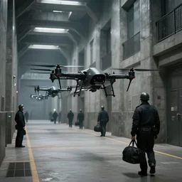 Black military quadcopters swarm the wide hallways in a futuristic prison underground, brutalist architecture, staff can be seen carrying black duffel bags, sigma 85mm f/1.4, 4k, unreal engine, concept art, trending on artstation, depth of field, high resolution, 4k, 8k, hd, full color