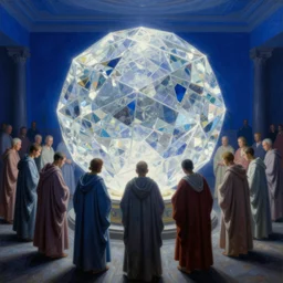 worshippers in robes huddled around a very complex gigantic reflective glowing glass crystal tesseract orb violently illuminating a small room, very bright white light, enlightening, high detailed beksinski painting, part by adrian ghenie and gerhard richter. masterpiece, deep colours, blue