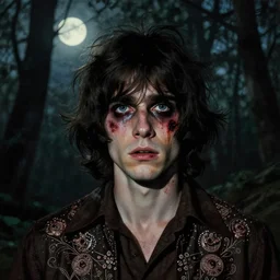 a beautiful but sinister young man in layers of fear, with haunted eyes and wild hair, 1 9 7 0 s, seventies, woodland, a little blood, moonlight showing injuries, delicate embellishments, painterly, offset printing technique, by brom, robert henri, walter popp