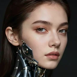 close - up portrait of human face of beautiful young woman with a human face and cyborg body, art by paolo roversi