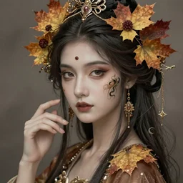 a graceful autumn goddess, enigmatic beauty, esoteric, muted colors, head in focus, autumn aesthetics, intricate details, elegant, highly detailed, hyperrealistic concept art, mixed medium, sharp focus, art by tina cassati