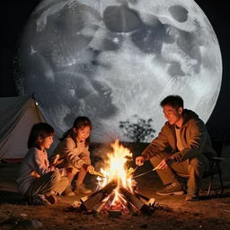 photo of a family of fries making a campfire on the moon