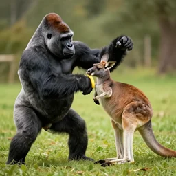 a gorilla fighting against a kangaroo in a flying banana, high quality, highly detailed, photorealistic,