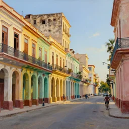 constructivism painting of streets of Havana, Cuba, beautiful, diverse, golden hour