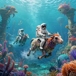Astronauts are riding some mythical animals, they are swimming under the sea, this is an extravagant planet with wacky and vibrant wildlife, the background is full of ancient ruins from Atlantis, by Jordan Grimmer digital art, trending on Artstation,
