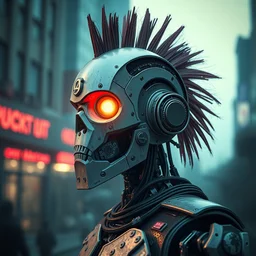 photorealistic render, hyper - detailed, of an anarchist robot, cyberpunk, punk, mohawk, riot, anti - establishment, dystopian, sci - fi, urban