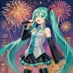 hatsune miku singing for the whole world, fireworks at the greatest festival of all time, by ross tran, oil on canvas