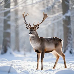 deer on fire in a frozen forest, sparkles and sun rays, hyperrealistic, photo realistic, realistic, beautiful white lighting, in the middle of the day