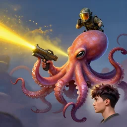 octopus with laser gun fights pubg soldier in pubg helmet, yellow laser beams, octopus art by charles liu, don bluth, tanidareal, styled hair, profile picture, fantasy style, perfect angle, soft lighting, vibrant color scheme, ultra detailed, volumetric lighting, commission art, 8 k wallpaper