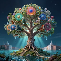 tree of life on a hill, creatures infusion digitaltransformation images underwater, radiant, deep focus, astrophotography madewithunity luscious contemporaryart kaur fractal submerged [... ] natgeo fractal apocalyptic illustration groundwater venetian, night