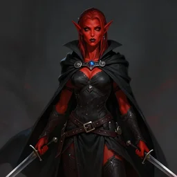 Dungeons and Dragons character art of a female tiefling, red skin, black cloak, holding daggers, masterpiece, trending on artstation