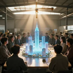 large group people in simple warehouse, looking at hologram of futuristic city on a table, cinematic concept art, godrays, golden hour, natural sunlight, 4 k, clear details, tabletop model buildings, center model buildings, hologram center, crane shot, crane shot, crane shot