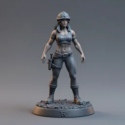 80mm resin detailed miniature of a very Muscular miner woman, sleeveless, helmet, stomach, navel, boots, Logo, textured base; Product Introduction Photos, 4K, view from front