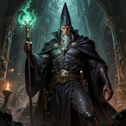 highly detailed, wizard with a dungeon background by mike mignola