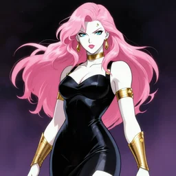 picture of pretty stephanie brown from dc comics, skintight black dress, golden accessories, white skin, pink hair, alluring, high fantasy, dnd, highly detailed, by rossdraws, artgerm, nineties anime quality