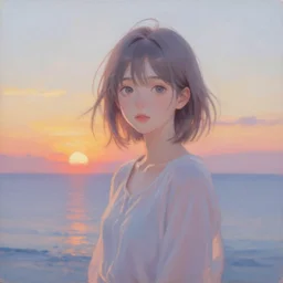 an anime girl portrait, sunset, ocean in distance, oil painting, pale colors, high detail, 8 k, wide angle, trending on artstation,